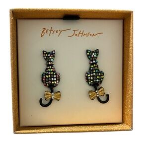 Betsey Johnson Rhinestone Black Cat Earrings